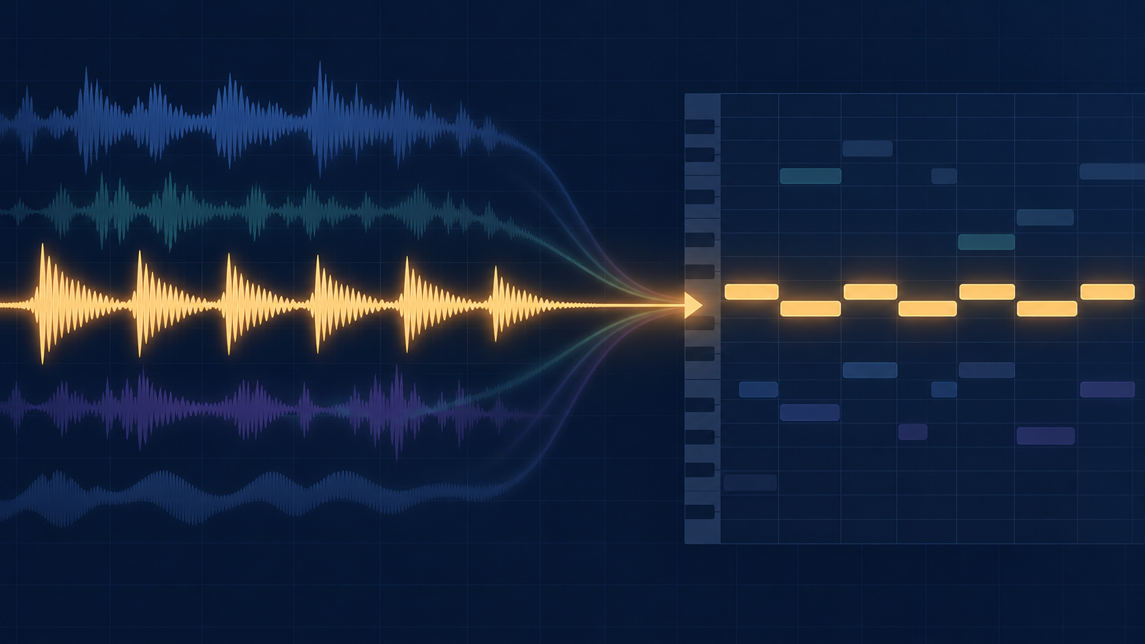 A clear waveform flowing into a focused MIDI note lane while muted signals recede