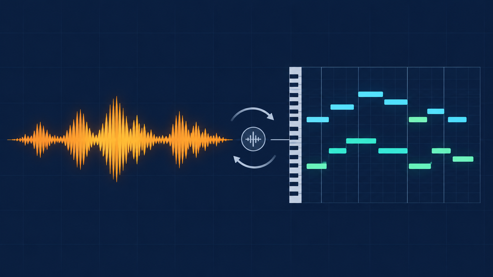 An audio waveform compared with a focused MIDI piano-roll note grid
