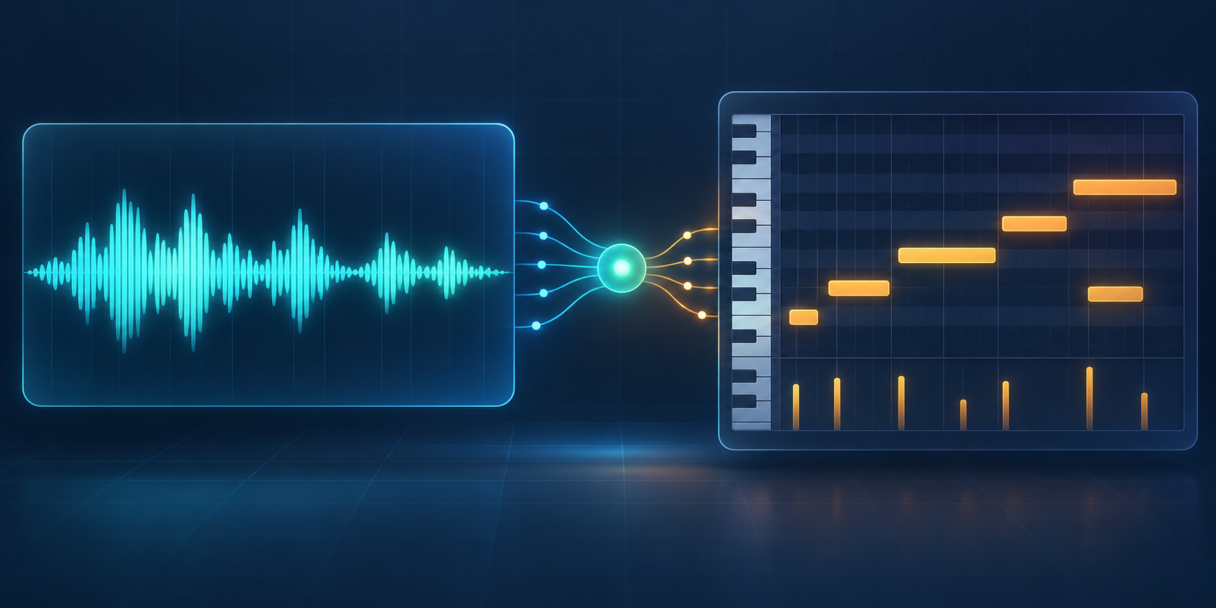 An audio waveform connected to note events with pitch, length, and velocity shown in a piano-roll lane
