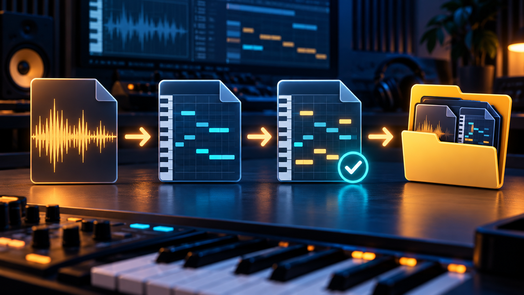 A source audio file moving through first-pass MIDI, reviewed MIDI, and an archive folder
