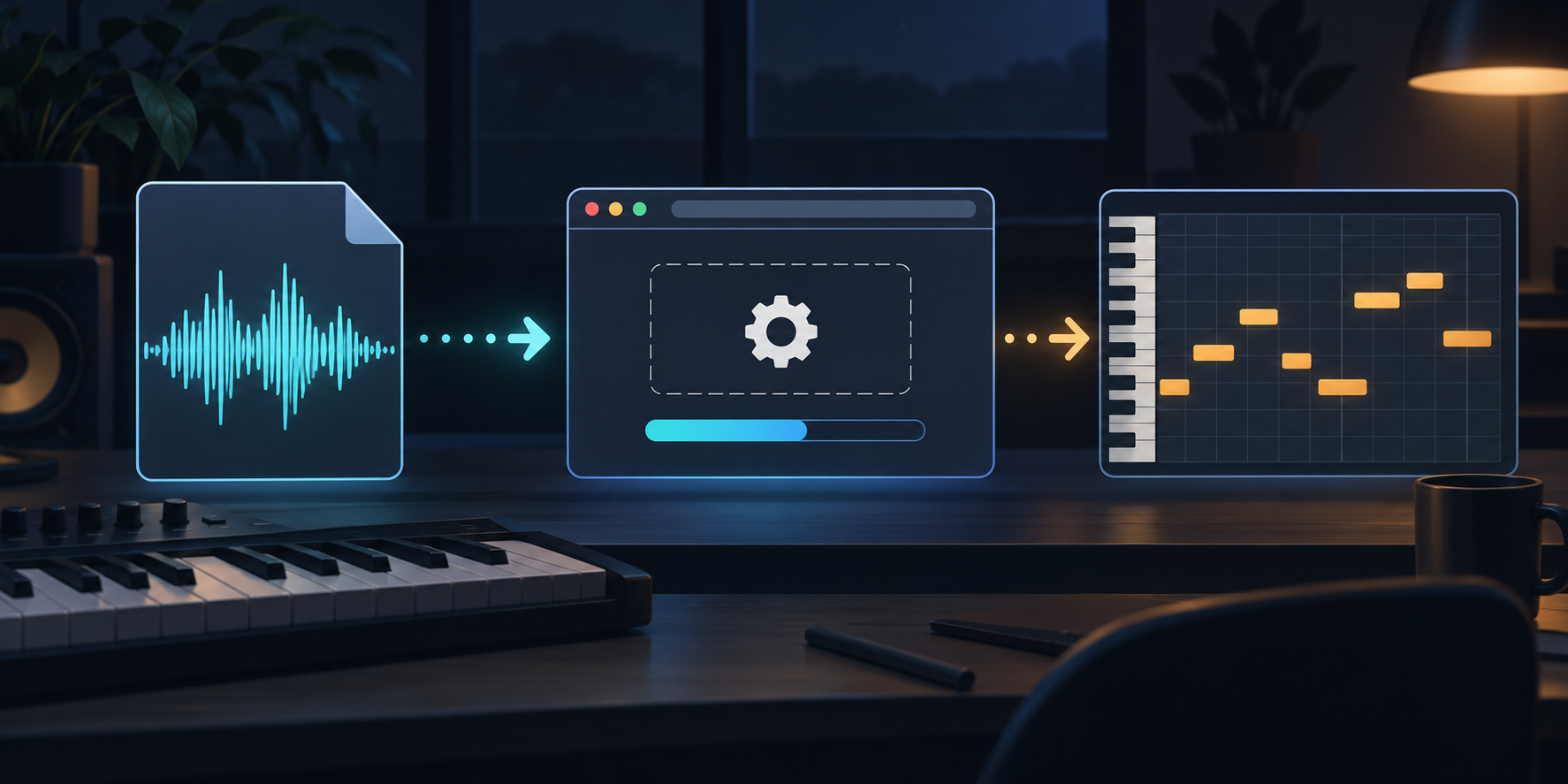 A FLAC waveform file moving through a browser conversion window into MIDI piano-roll notes