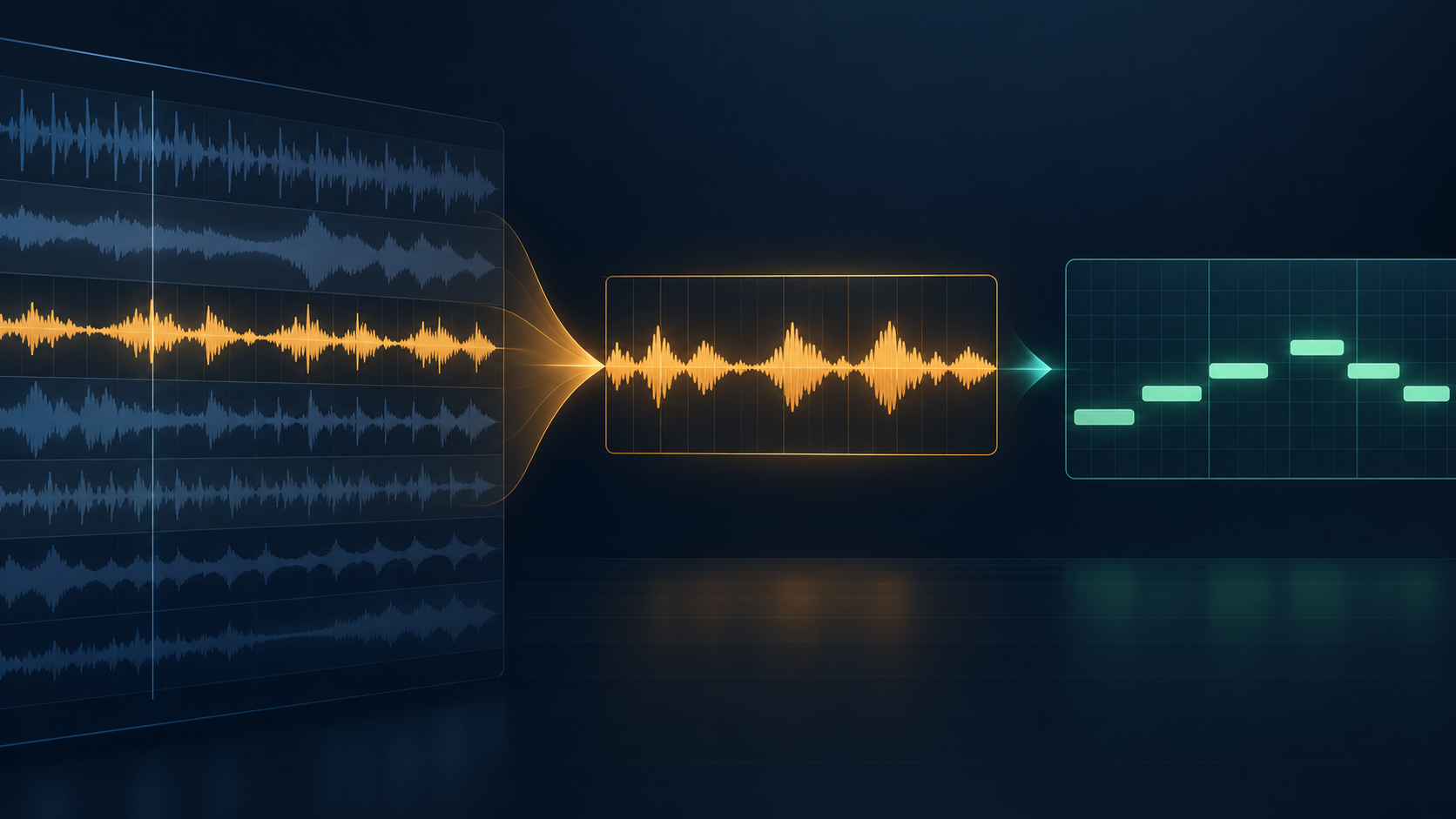 A busy mix narrowing to one amber melody waveform and a focused MIDI note lane