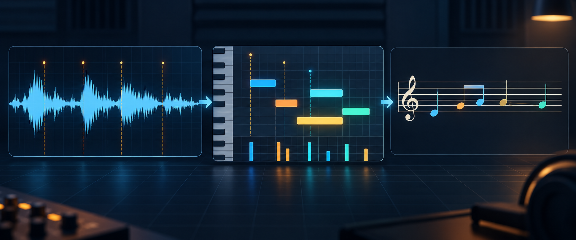 Audio waveform, MIDI note events, and a music staff connected as a review workflow