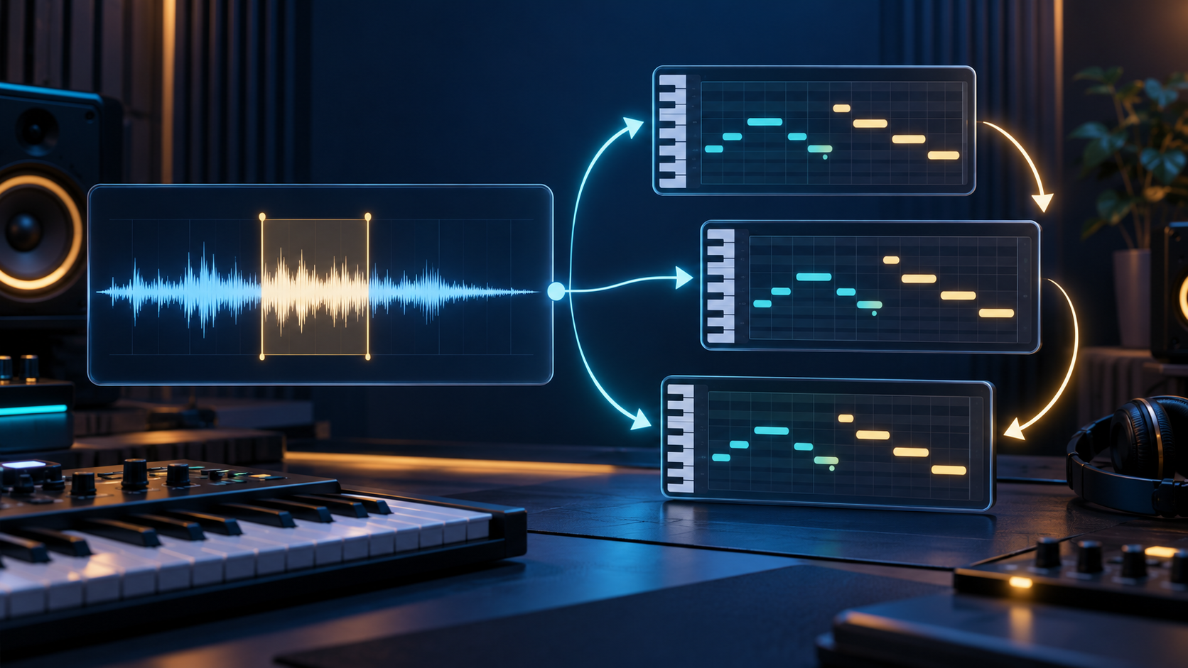 One highlighted audio passage feeding several matching MIDI comparison panels