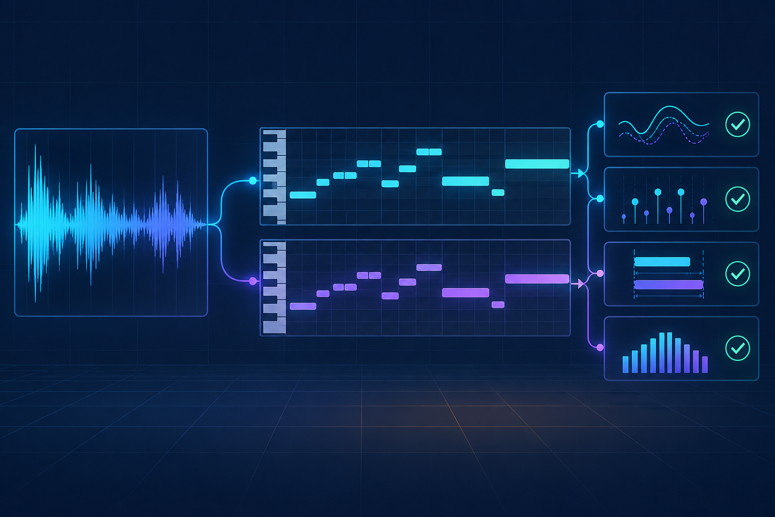 A waveform is compared with two aligned MIDI note lanes and four checked review properties