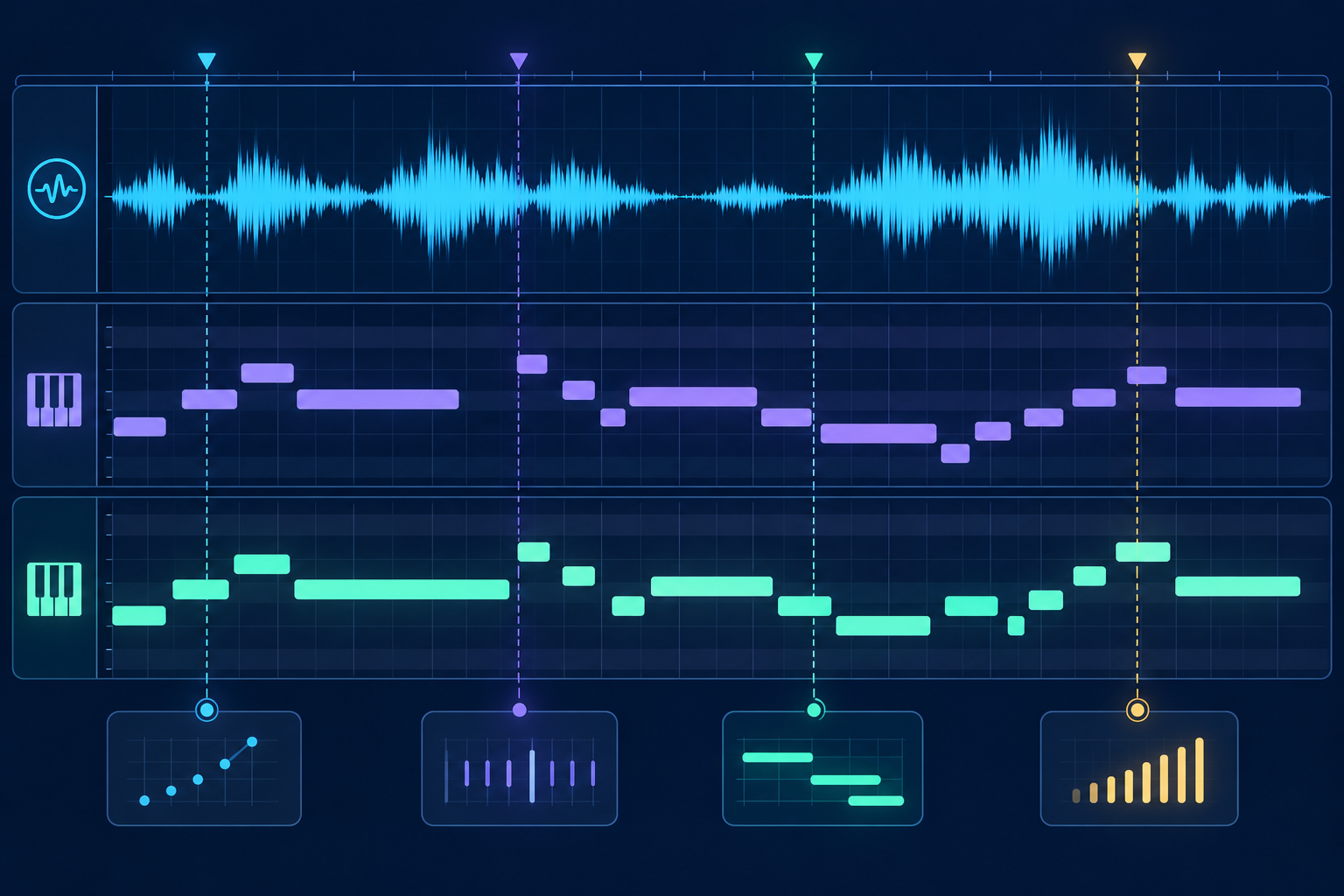 A source waveform aligned with an original MIDI lane and an edited MIDI lane