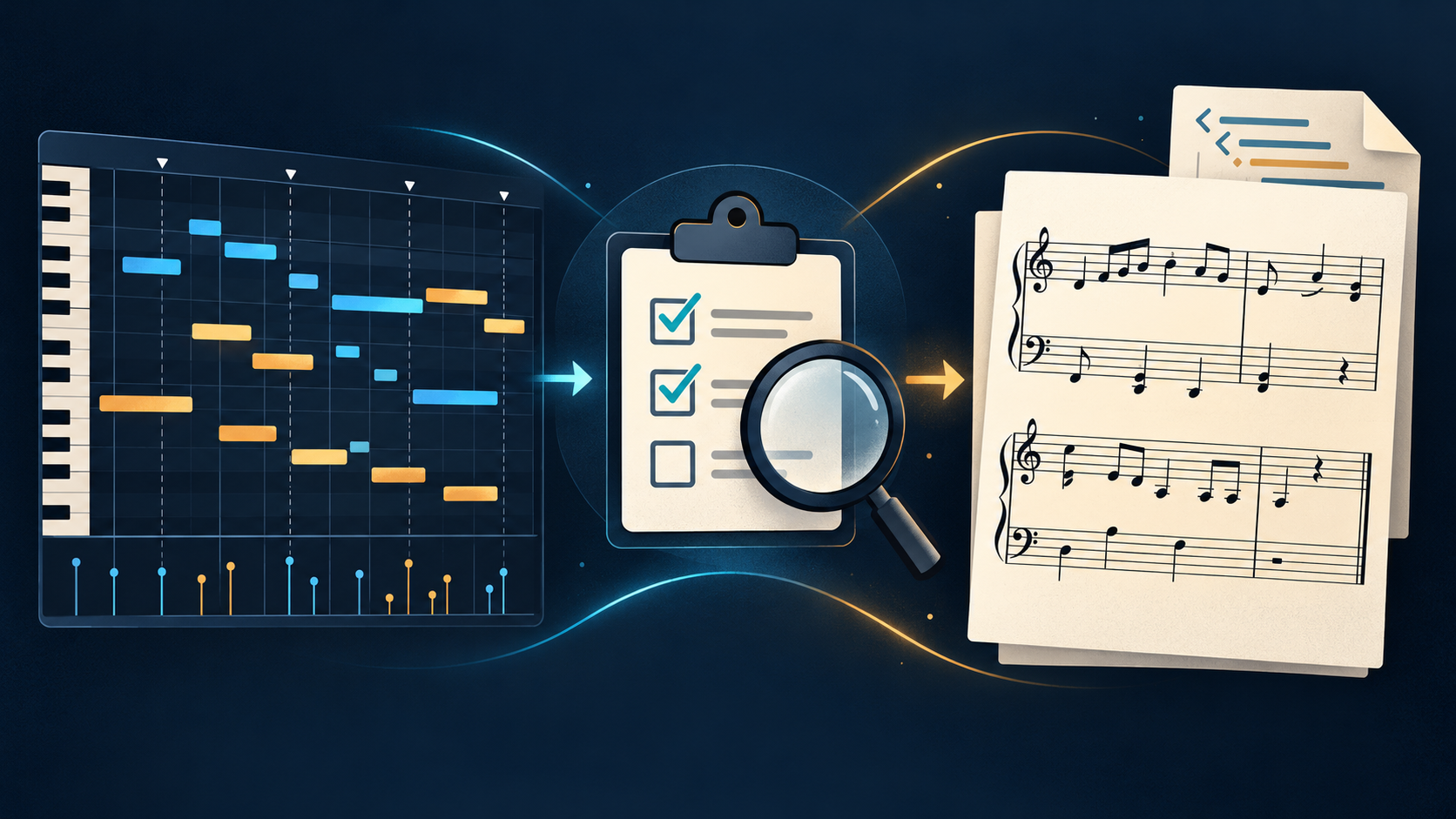 MIDI piano-roll notes checked before they become readable sheet music